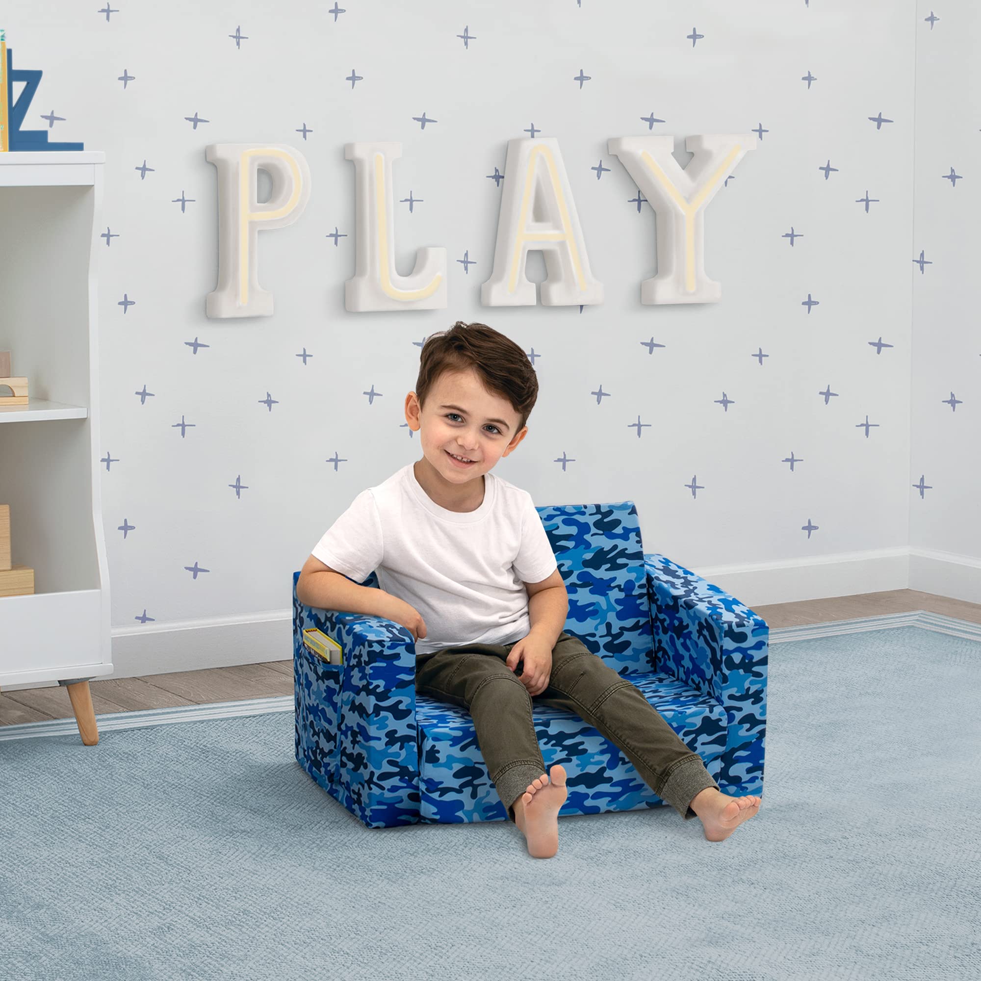 Delta Children Cozee Blue Camo Convertible Foam Chair To Lounger For Kids